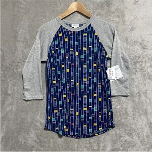 NWT Lularoe Womens Size XS Randy Tee Geometric Navy Grey Crewneck 3/4 Sleeve